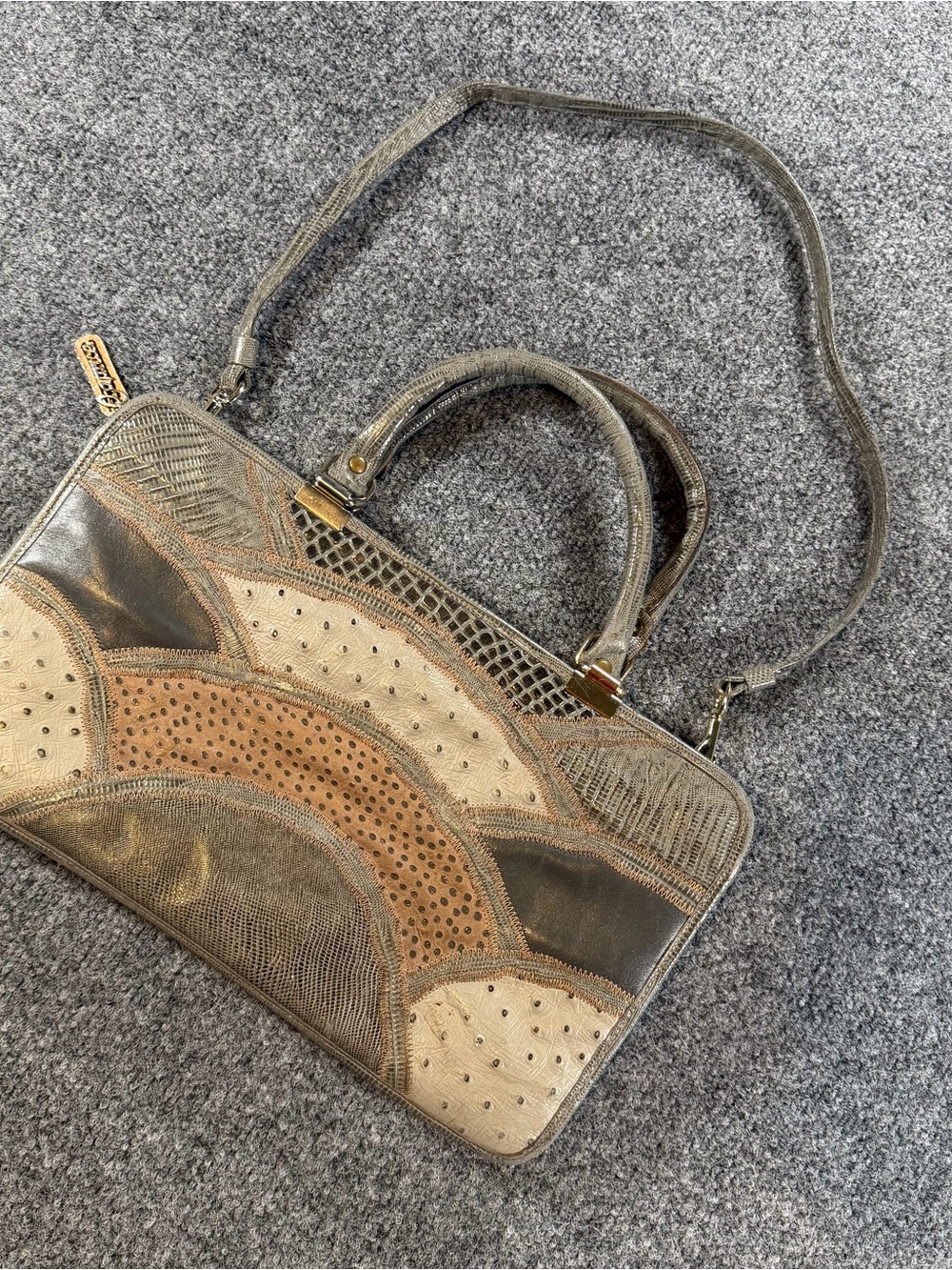 Vintage Originals by Caprice Gray and Tan Patchwork Leather Satchel Handbag